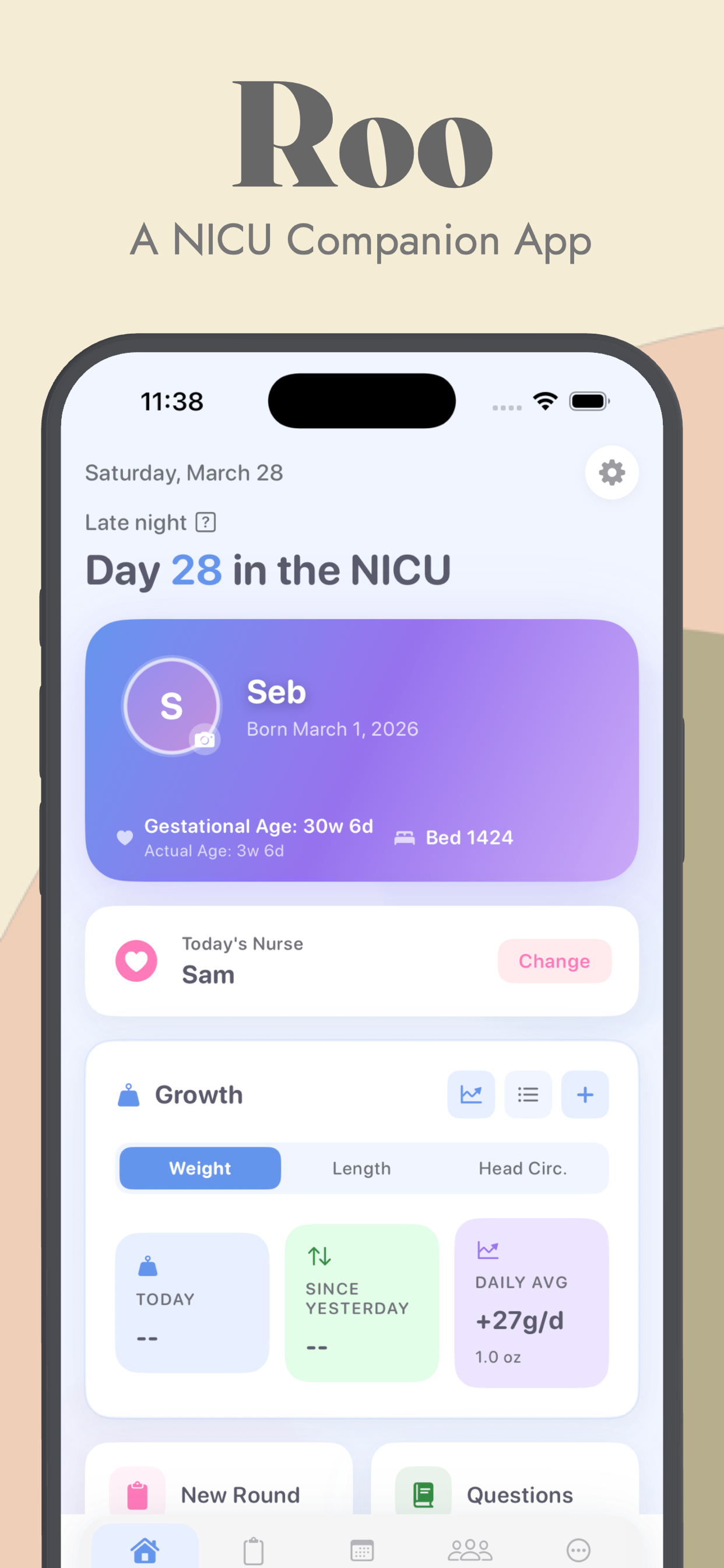Roo app screenshot showing the NICU companion dashboard